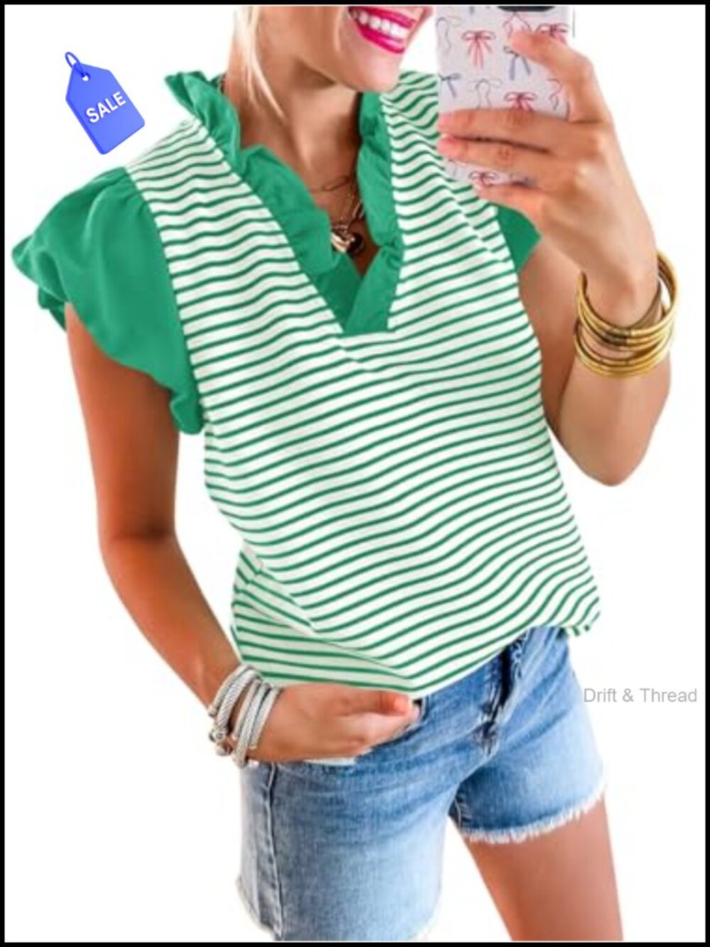 Womens Ruffle Cap Sleeve Tank Top Striped V-Neck Summer Blouse